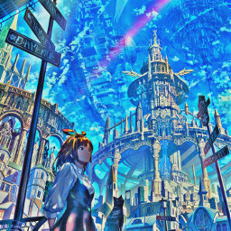 freetoedit madewithpicsart remixit anime animestyle girl cat city fantasy upsidedown architecture