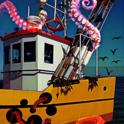 beach fishingboat seacreatures artisticeffect myart2022 challenge picsartchallenge april2022 freetoedit srcoctopustentacles octopustentacles