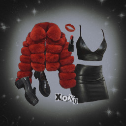 freetoedit red black leather lipstick furcoat coat platforms xoxo outfit aesthetic hot nightout ootd party dark skirt croptop fur jacket grainyfilm clothes night fashion style