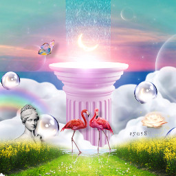 collage joy sky planets moon ocean clouds pillar statue rainbow bubbles flowers picsart freetoedit