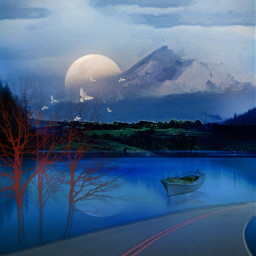painting landscape beautifulview lake mountain skyandclouods moon boat road trees fun freetoedit