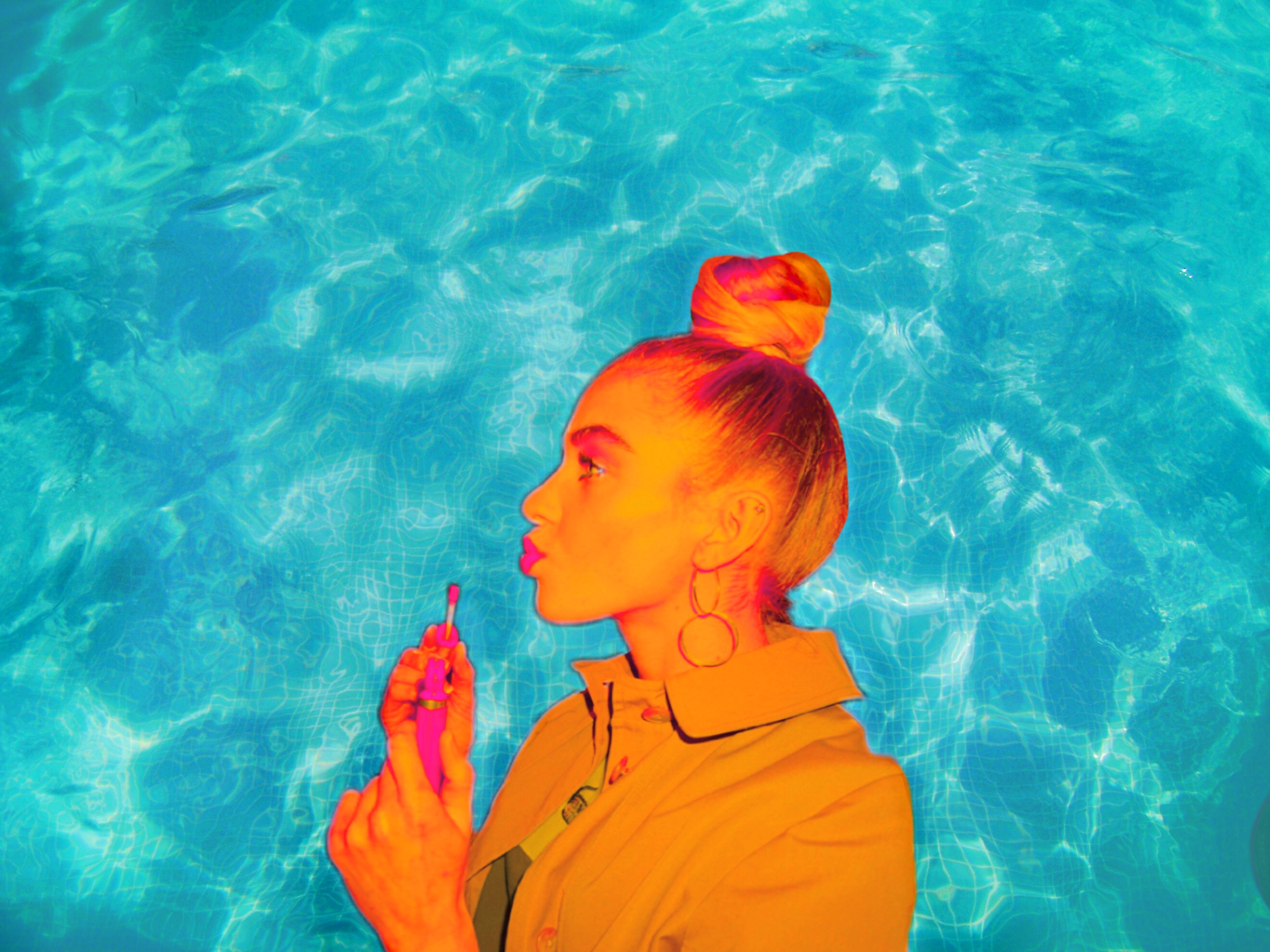 #freetoedit #pool #ocean #water #girl #orange #lipstick #lipgloss #lips #bun #sideprofile #interesting #art #collage #summer #vibes #tumblr #trendy #earrin