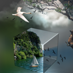 fantasy surrealism cube 3d lake moon clouds trees boat birds beautiful naturesbeauty fcinnerartist innerartist freetoedit