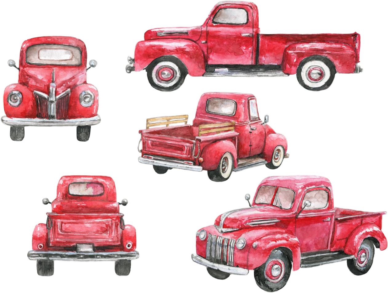 watercolor vintage truck red pickup christmastruck...