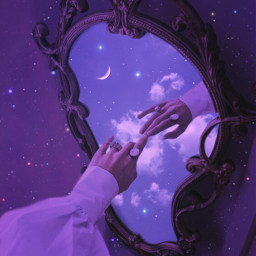 freetoedit aesthetic purpleaesthetic purple sky mirror reflection hand moon night clouds aestheticedit sparkles morado espejo cielo luna noche gaby298 remixed
