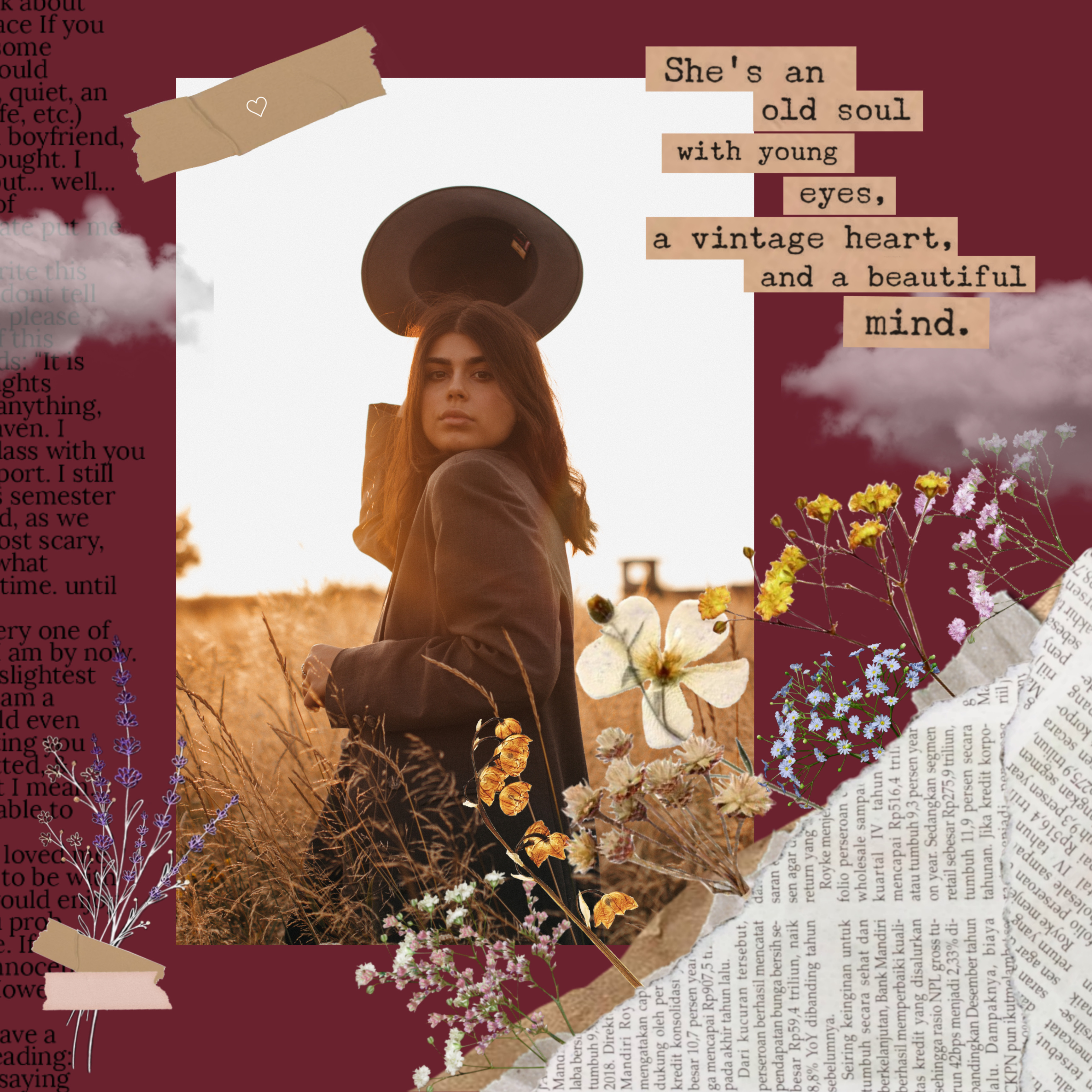 #replay #girl #person #hat #nature #beautiful #flowers #clouds #tape #newspaper #words #text #quote #maroon