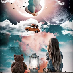 freetoedit children bear moon clouds lantern balloon car flying birds surrealism ecsurrealisticworld