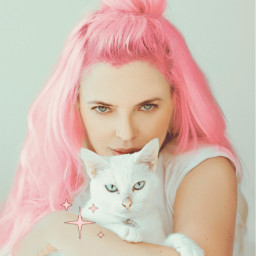 crazycatlady pinkhair pink white cat sparkles greeneyes pet picsartpets freetoedit