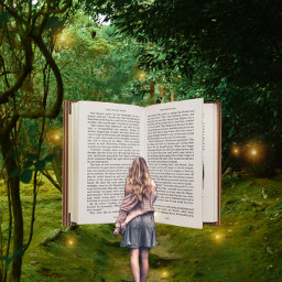 unsplash jungle thejunglebook girl pink trees golden forest book read leaves green skirt wonder magical freetoedit