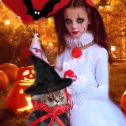 girl cat halloween pumpkins lights freetoedit