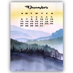 watercolor mountainsunrise winter calendar december srcdecembercalendar freetoedit