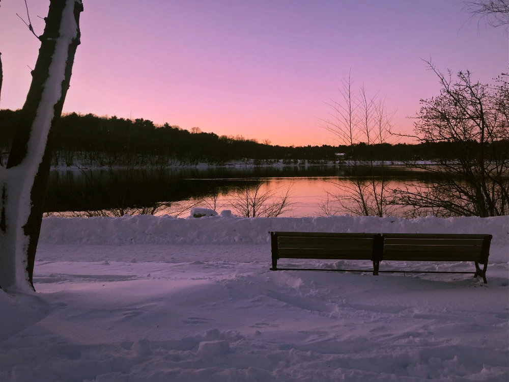 #sunset #silhouette #snow #bench