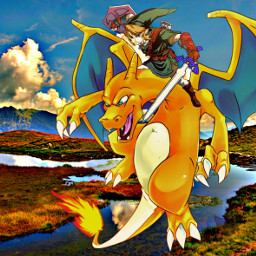 pokemon zelda link charizard glurak crossover sun fire red dragon flame flying wings riding sky anime nintendo gaming freetoedit