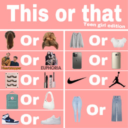 freetoedit thisorthat thisorthatchallenge thisorthattemplate gettoknowme teen teengirl teenager girl question questionstoanswer airforce1 jordans bags jeans lashes mascara euphoria heartstopper netflix iphone samsung messybun ponytail hairstyle