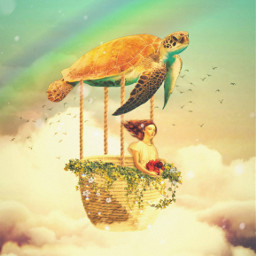 magic surreal turtle flying clouds vintage asethetics girl sky air magical freetoedit