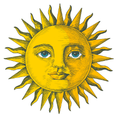 sun emblem summervacation vacay fun drawing ink yellow shadow rays sunshine face eyes nose lips mouth bold brightcolors blue black aesthetic freetoedit