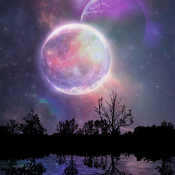 freetoedit myedit galaxy sky moon stars space planets lake trees reflection