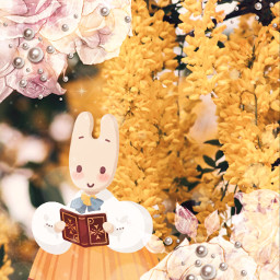 freetoedit bunny cute yellow flower flowers reading books aesthetic