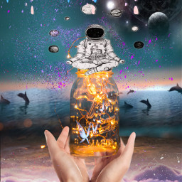 freetoedit picsart challenge art space clouds fireflies moon dolphins lights water astronaut astrology ocean hands jars night ircthemagicjar themagicjar