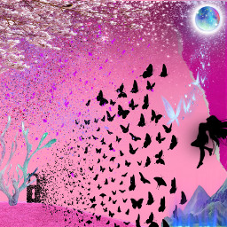 freetoedit picsart butterflies pink collage trees mountains sea sun moon art pinkesthetic glitter shine locks magicalworld magical stars