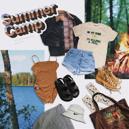 freetoedit outfit clothes camping summer vacation camp summercamp swimsuit swimming campfire beachday lake bag aesthetic forest tshirt shorts buckethat