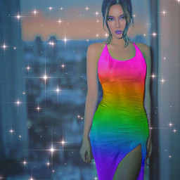 freetoedit remixed pretty girl neon rainbow sparkle