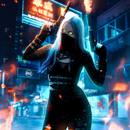 freetoedit cyberpunk night blur city blue orange girl fire gun followme