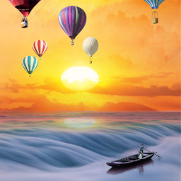 freetoedit myedit balloons airballoons boat landscape sunset clouds forest