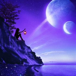 freetoedit night replay glitter sparkles blue purple moon beach woman lantern mujer alone sentada sola noche azul morado luna gaby298 remixed