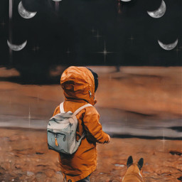 freetoedit person child dog forest orange bag coat moons stars moody moonlight standing rcmoonphases moonphases