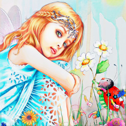 freetoedit girl ladybug spring summer cute drawing sketch pretty flowers daisies grass meadow fairy