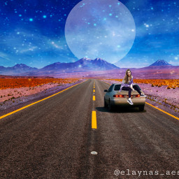 picsartchallenge surreal galaxy road car driving moon stars girl purple blue desert lines sparkles freetoedit ircalltheroadsleadto alltheroadsleadto