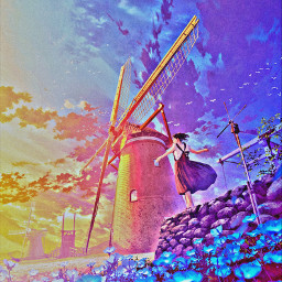 freetoedit madewithpicsart remixit anime animestyle girl alone loneliness nature field flowers sunrise sky clouds windmill tealorange