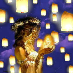 gold glow light lights lantern lanterns glowing beautiful woman lady night fantasy freetoedit srcflyinglantern flyinglantern