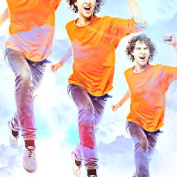 freetoedit man triple sky clouds person jumping leaping three fun excited people jeans