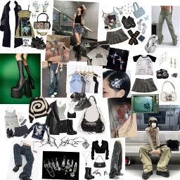 freetoedit cybercore y2k aesthetic aespa platforms moodboard inspo outifts vibe cargopants silver asymetrical black white green headphones lowrisejeans twilightzone butterfly pearls jewelry top clothes bottom