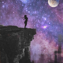 freetoedit moon galaxy girl cliff mountain stars silhouette