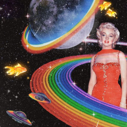 freetoedit space galaxy marylinmonroe universe rainbow planets aliens aesthetic collage trippy poster