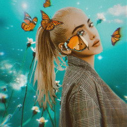 girl butterflies flowers psychedelic fantasy cosy cute turquoise monarch butterfly hair backgrounds background heypicsart freetoedit