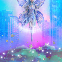 freetoedit glitter sparkles galaxy sky stars city buildings angel clouds bling holographic colorful neon aesthetic dream fantasyart magic overlay background replay
