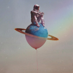 balloon skyballoon pink astronaut earth ring sitting vintage rainbow freetoedit picsart ircskyballoon