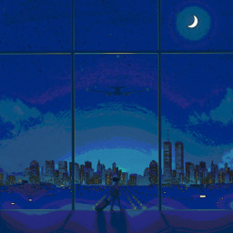 freetoedit madewithpicsart remixit anime animestyle girl alone loneliness traveling moon city plane airplane blue teal
