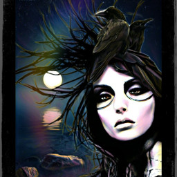woman crows birds night moon remixed freetoedit