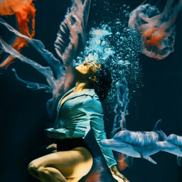 mastershotout editedwithpicsart myedit photoediting sea woman jellyfishes dolphins freetoedit
