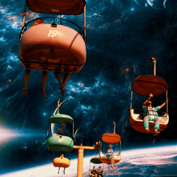 mastershotout editedwithpicsart myedit surrealart surrealedit outerspace planets cablecar people freetoedit