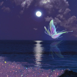 freetoedit purple glitter night beach sea sky clouds replay noche morado violeta brillos moon luna butterfly mariposa gaby298 remixed