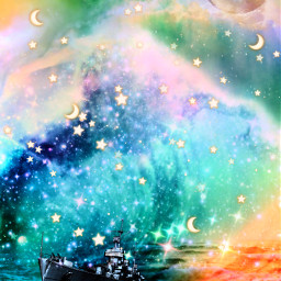 freetoedit glitter sparkles galaxy sky stars sea wave ocean water moon boat nature landscape magic fantasyart colorful overlay background replay madewithpicsart